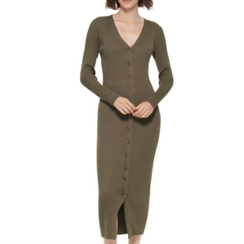 Calvin Klein V-neck Ribbed Knit Midi dress, Green, MEDIUM